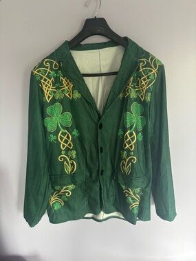 Amazon Green Embroidered Shamrock Shirt Jacket with Gold Accents